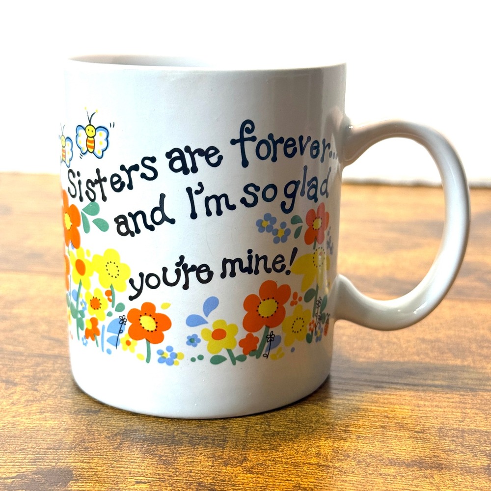 Vtg Sisters Are Forever Floral Ceramic Coffee Mug 12oz Retro Flower Bee Ladybug